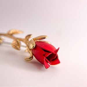 Vintage Bright Matte Red Opening Rose Brooch/Pin in Gold Tone